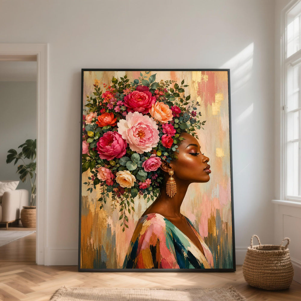 Elegant Woman Portrait with Floral Hair Crown Canvas, Contemporary Female Art, Vibrant Flowers Wall Decor, Ethnic Beauty Canvas Print