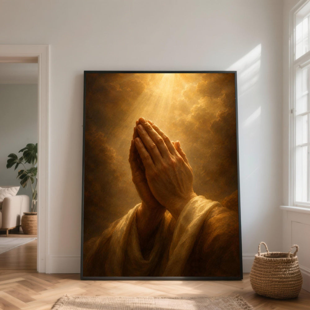 Praying Hands Canvas Wall Art, Spiritual Light Rays, Religious Home Decor, Inspirational Wall Decoration, Faith and Hope Artwork