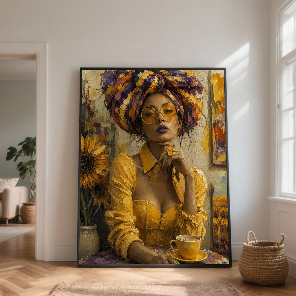 Elegant Woman Portrait Canvas, Yellow Fashion Art, African Style Wall Decor, Coffee Cup Canvas, Modern Female Canvas Art