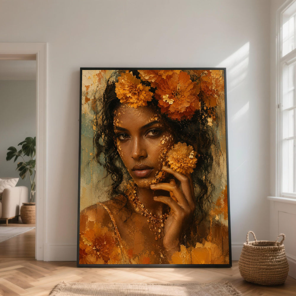 Elegant Woman Portrait with Golden Flowers Canvas, Warm Floral Face Art, Decorative Wall Art for Living Room, Ethereal Beauty Canvas Print