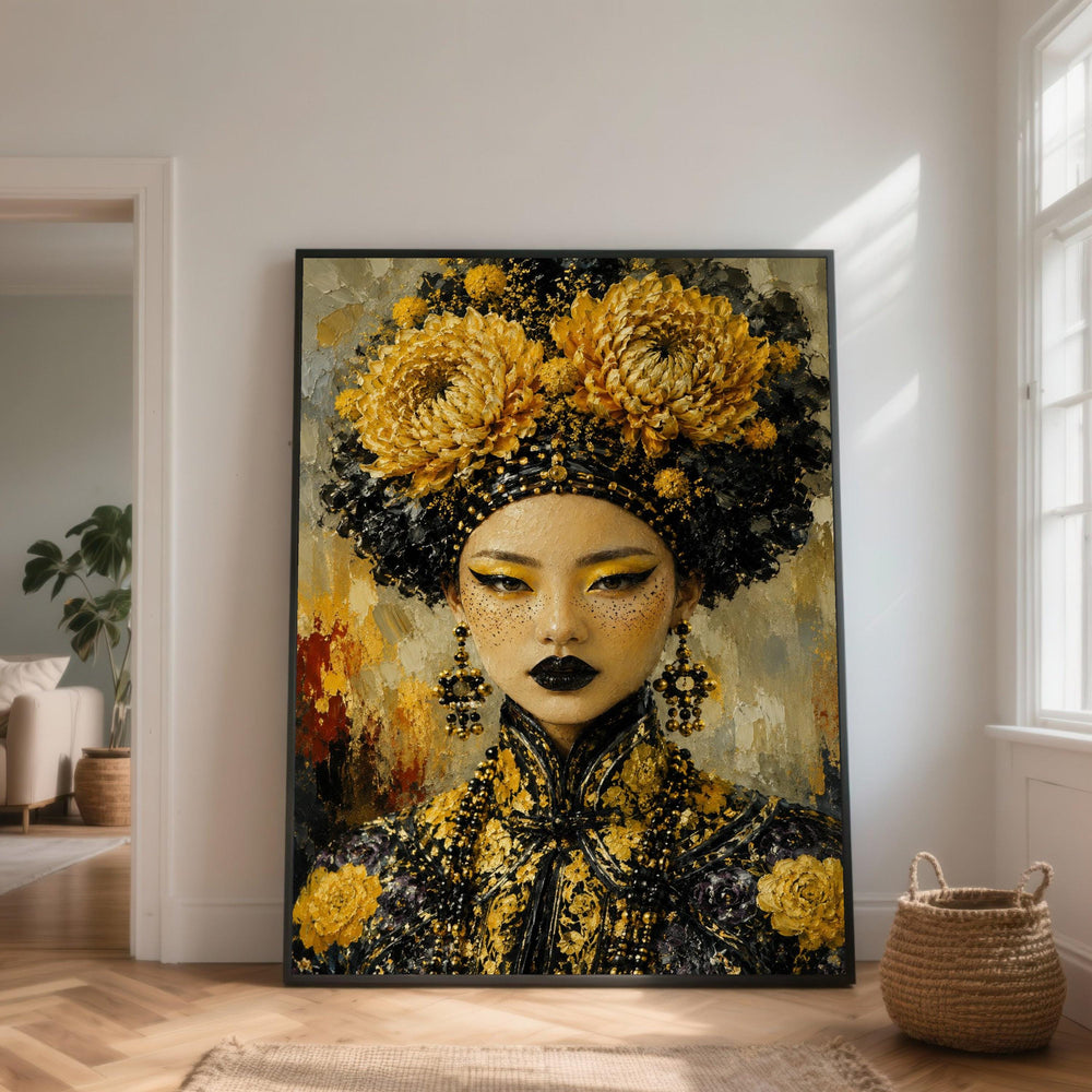 Elegant Asian Woman Portrait Canvas, Golden Floral Headpiece Wall Art, Bold Makeup Face Canvas, Modern Ethnic Fashion Decor