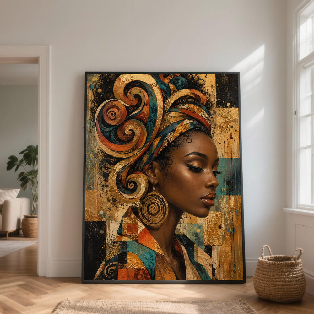 Elegant African Woman Portrait Canvas, Ethnic Headwrap Wall Art, Cultural Modern Artwork, Fashion Statement Canvas, Detailed Face Profile