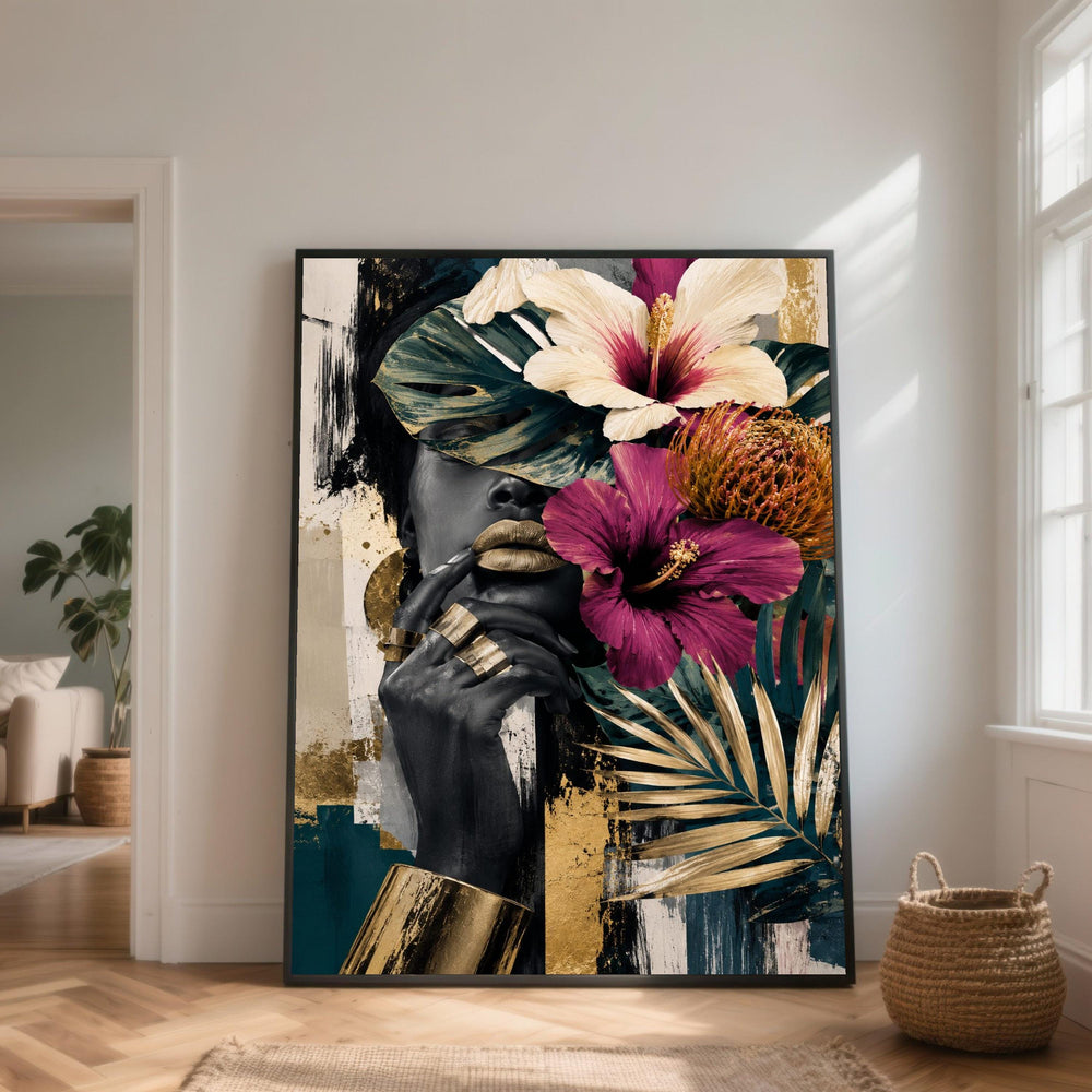 Elegant Female Portrait Canvas, Floral Face Art, Gold Accents Wall Decor, Tropical Leaves Canvas, Modern Home Decoration