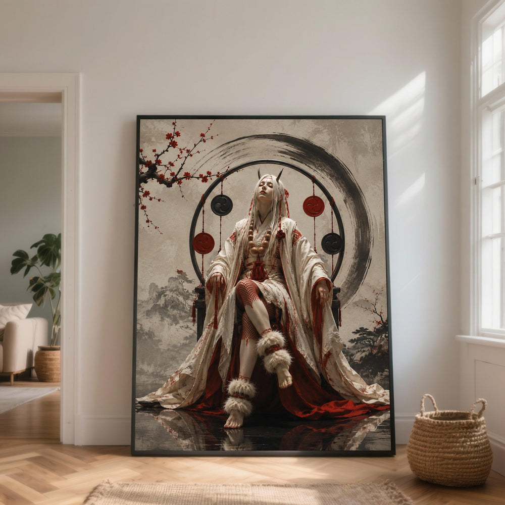 Mystic Asian Royalty Canvas Wall Art, Elegant Demon Queen Decor, Traditional Kimono Portrait, Oriental Fantasy Canvas, Home Wall Decoration