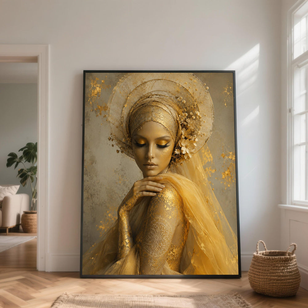 Golden Goddess Portrait Canvas, Elegant Woman Art, Floral Headpiece Wall Decor, Luxury Fashion Canvas, Feminine Beauty Artwork