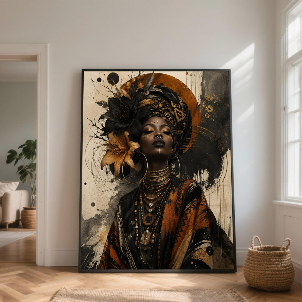Bold African Queen Portrait Canvas, Ethnic Tribal Woman Wall Art, Elegant Headwrap Design, Bohemian Style Canvas Decoration, Modern Cultural
