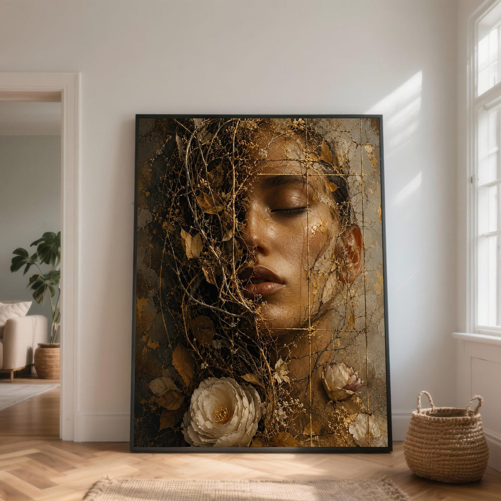 Dreamy Woman Face Canvas, Golden Floral Wall Art, Abstract Nature Portrait, Elegant Home Decoration, Ready to Hang Canvas