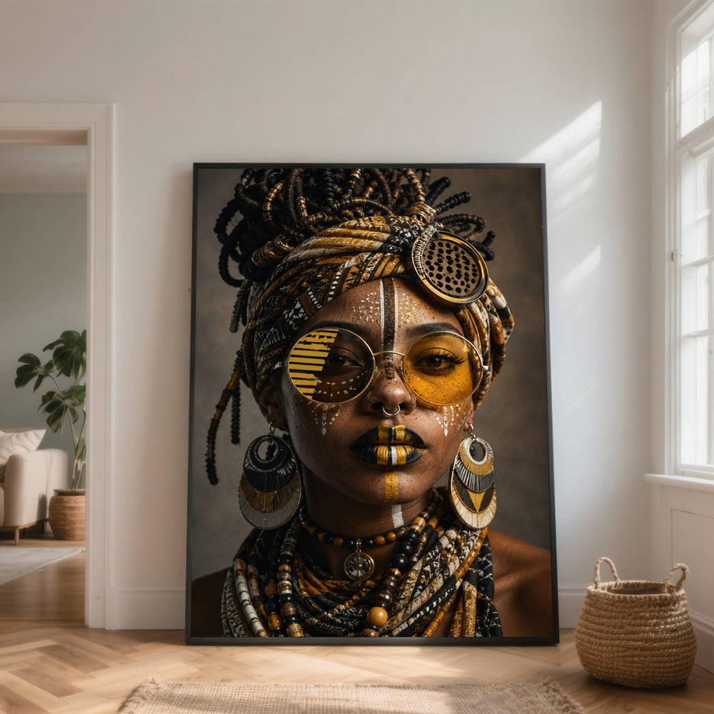 Bold African Tribal Face Paint Canvas, Ethnic Headwrap Portrait, Modern Boho Wall Art, Cultural Home Decoration, Detailed Close-Up Canvas