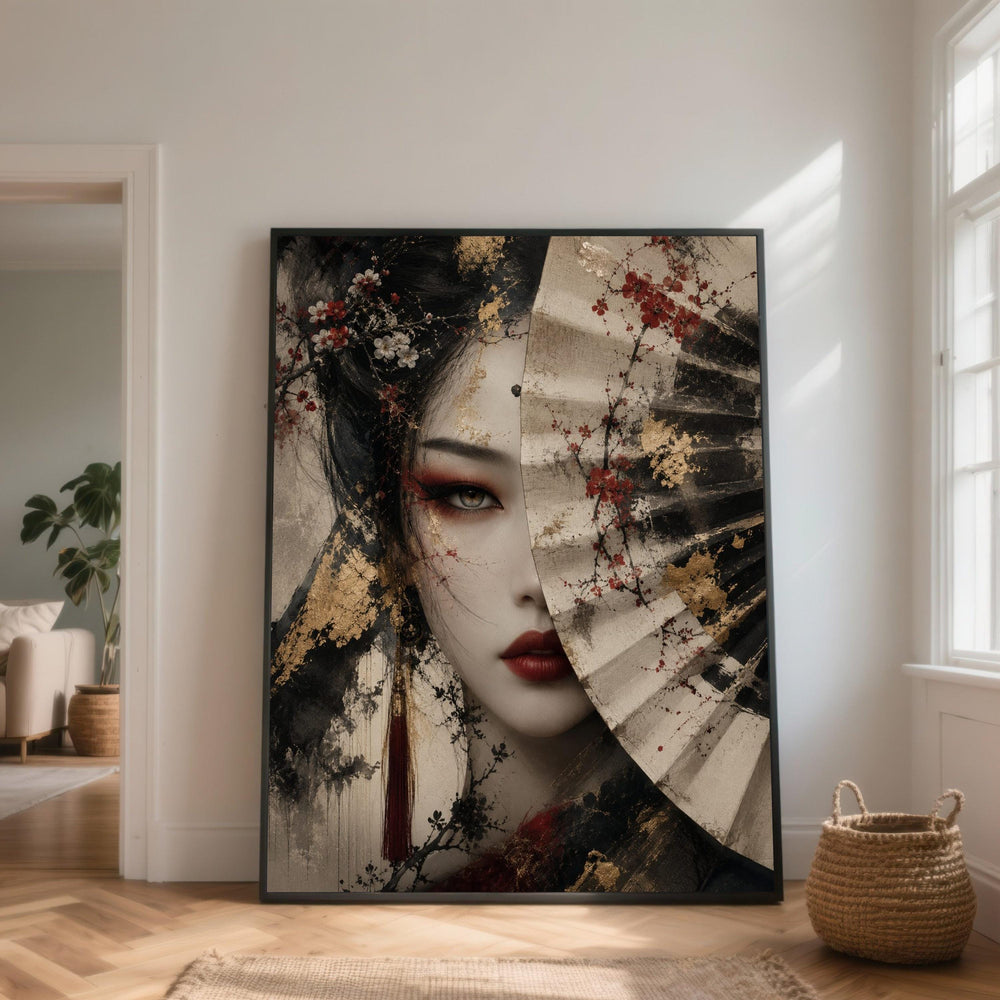 Elegant Geisha Portrait with Fan Canvas, Asian Woman Wall Art, Floral Blossom Design, Japanese Culture Canvas, Decorative Home Art Print