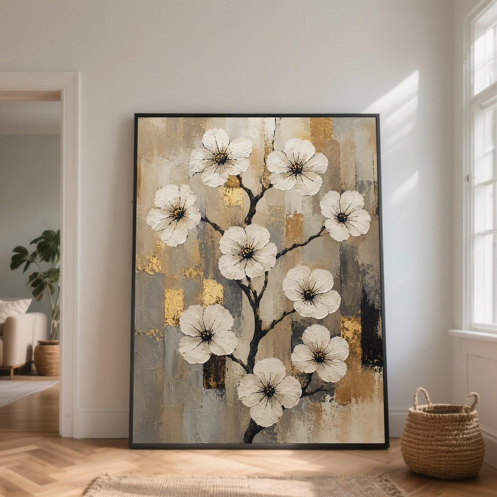 Elegant White Blossoms Canvas Wall Art, Floral Branch Painting, Neutral Toned Wall Decor, Botanical Canvas, Home Decoration Artwork
