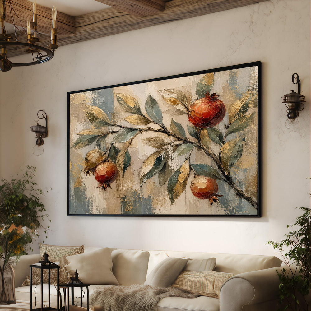 Pomegranate Branch Canvas Wall Art, Rustic Botanical Canvas, Nature Fruit Print, Farmhouse Kitchen Decoration, Harvest Theme Wall Canvas