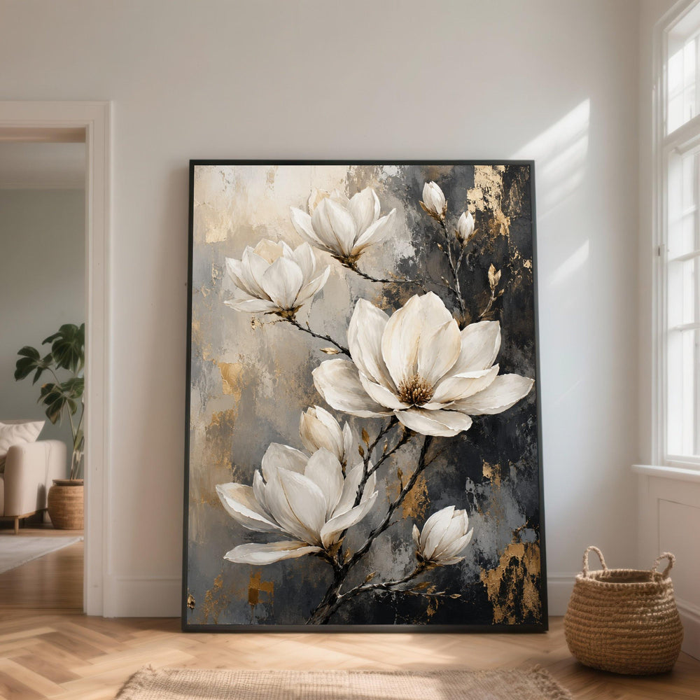 Elegant White Magnolia Canvas Wall Art, Floral Branch Design, Neutral Tones Decorative Canvas, Large Flower Print for Home