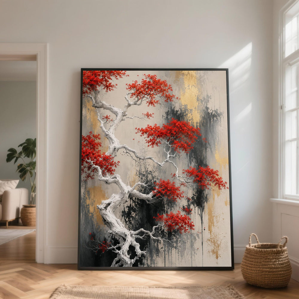 Red Maple Tree Canvas Wall Art, Abstract Nature Painting, Modern Floral Decor, Elegant Red Leaves, Home Wall Decoration