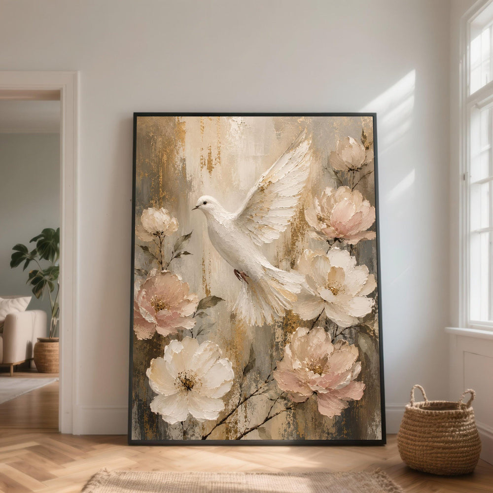 Elegant White Dove Flight Canvas, Soft Floral Wall Art, Neutral Tones Canvas, Peaceful Nature Scene, Ready to Hang Home Decor