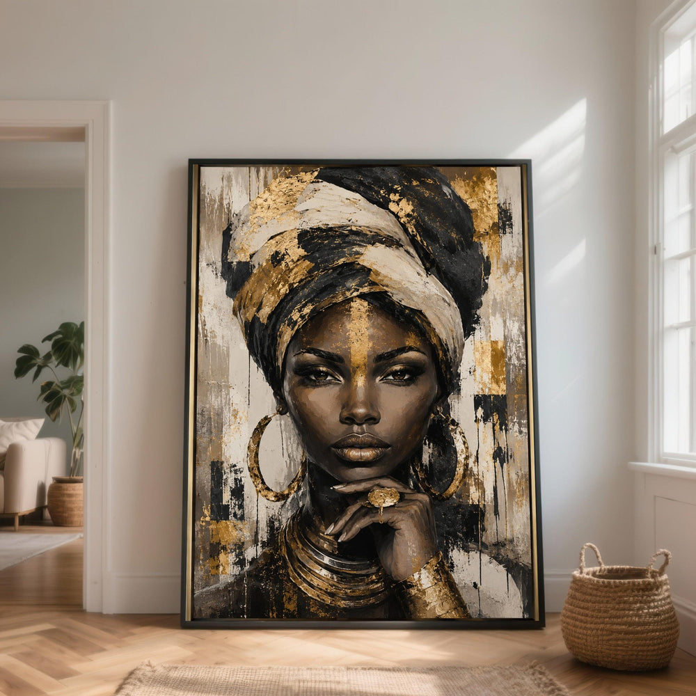 Elegant African Queen Portrait Canvas, Gold Accent Wall Art, Woman Face Close-up Canvas, Modern Ethnic Home Decor, Feminine Power Artwork