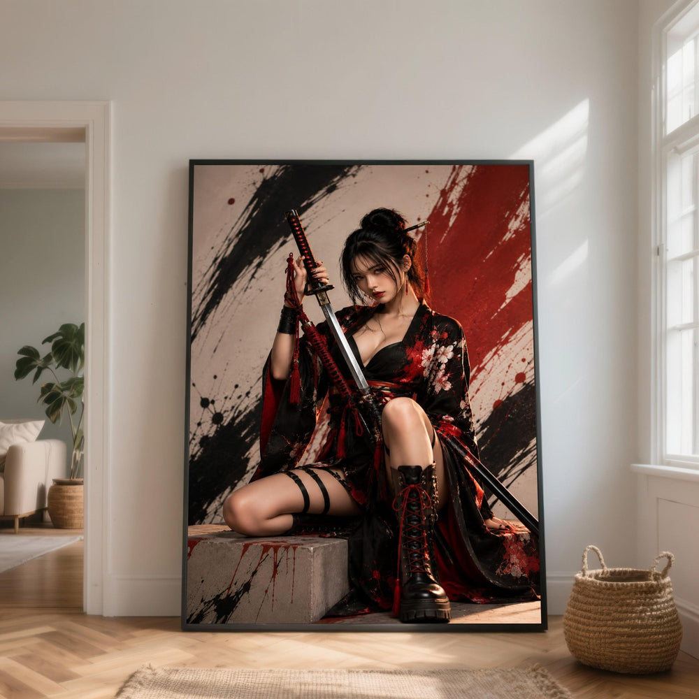 Fierce Samurai Woman Canvas Wall Art, Asian Geisha with Sword, Red and Black Kimono Decoration, Modern Warrior Portrait Canvas