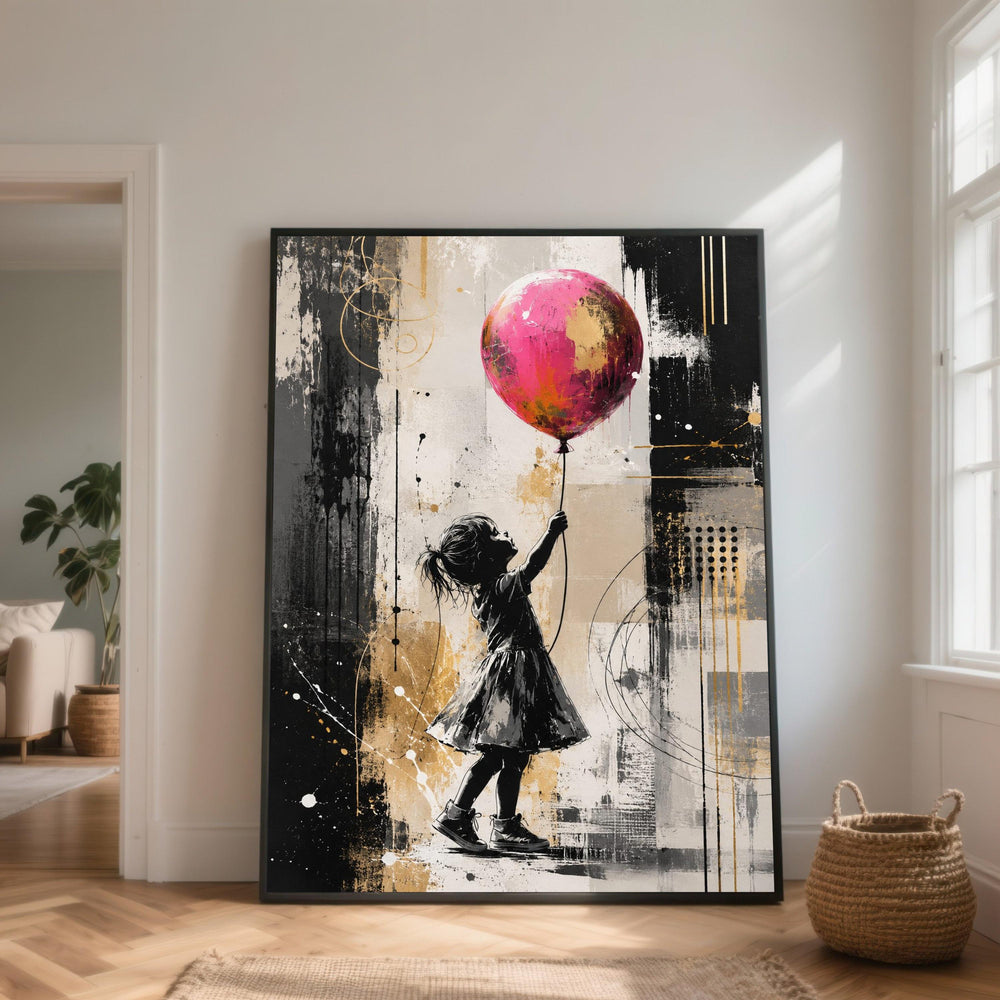 Little Girl with Pink Balloon Canvas, Kids Wall Art, Modern Abstract Home Decor, Child Silhouette Canvas, Playful Wall Decoration