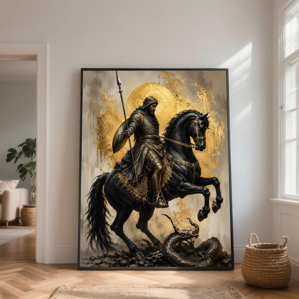 Medieval Knight on Black Horse Canvas, Warrior with Spear and Shield, Golden Halo Wall Art, Mythical Dragon Battle Scene, Heroic Fantasy