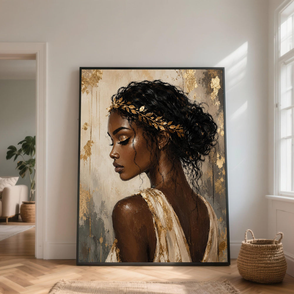 Elegant African Woman Portrait Canvas, Golden Leaf Crown Wall Art, Feminine Profile Canvas, Luxe Home Decoration, Modern Female Portrait