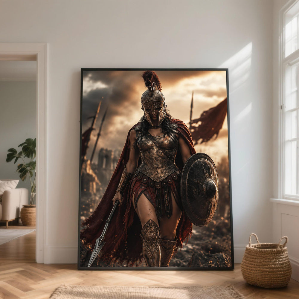 Fierce Female Spartan Warrior Canvas, Ancient Armor Wall Art, Historical Battle Scene Canvas, Medieval Shield and Spear Decoration