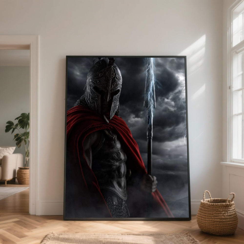 Dark Spartan Warrior Canvas Wall Art, Epic Ancient Soldier Armor, Lightning Storm Scene, Red Cloak Decoration, Powerful Mythical Canvas