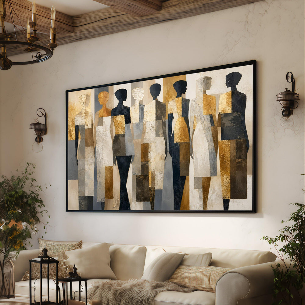 Abstract Human Figures Canvas Wall Art, Modern Silhouettes Painting, Gold and Neutral Color Palette, Contemporary Decorative Canvas, Stylish