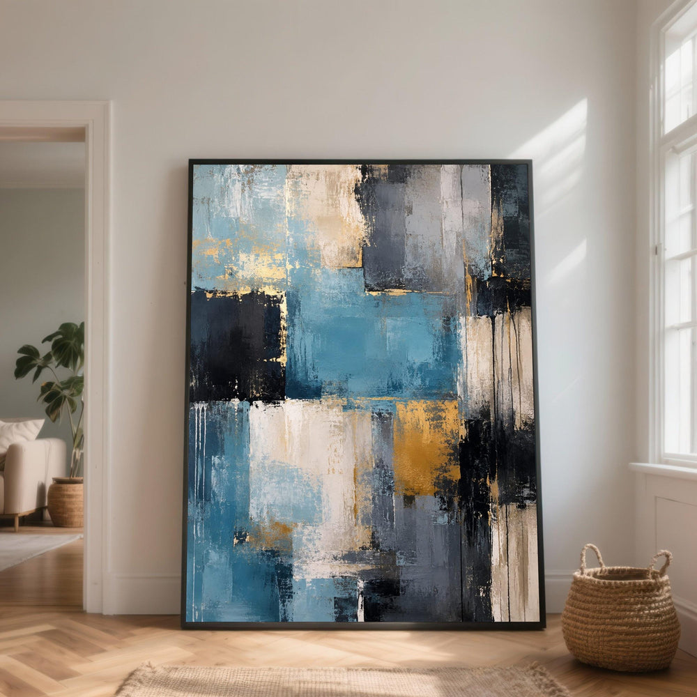 Modern Abstract Canvas Wall Art, Blue and Gold Geometric Design, Contemporary Home Decoration, Large Canvas Painting, Ready to Hang