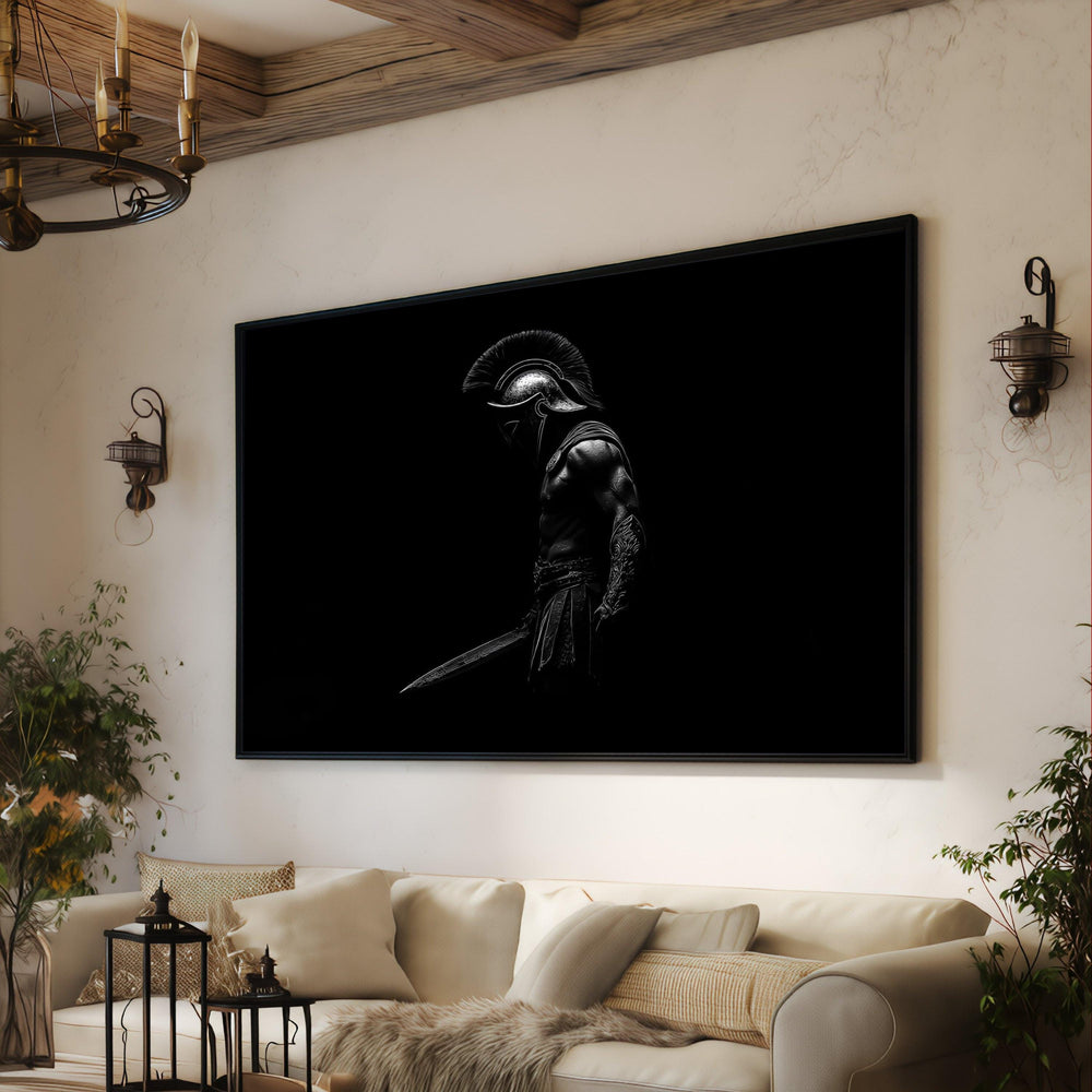 Dark Spartan Warrior Canvas, Ancient Greek Helmet Art, Mythical Gladiator Wall Decor, Black Background Canvas, Bold Masculine Artwork