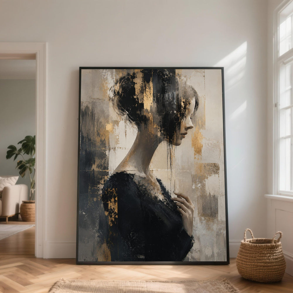 Elegant Woman Profile Canvas, Contemporary Figurative Art, Abstract Female Portrait, Gold Accent Wall Art, Modern Canvas Decoration