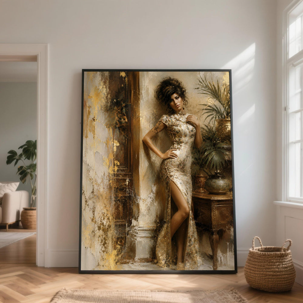 Elegant Woman Floral Dress Canvas, Vintage Style Portrait Wall Art, Classic Chic Home Decoration, Detailed Figurative Canvas Artwork