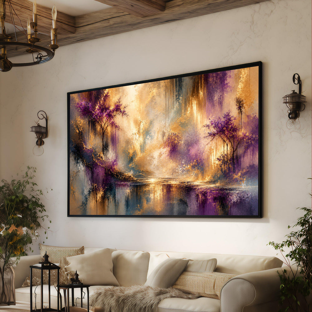 Golden Light Fantasy Landscape Canvas, Purple Trees Reflection Wall Art, Dreamy Forest Scene Canvas, Modern Home Decoration