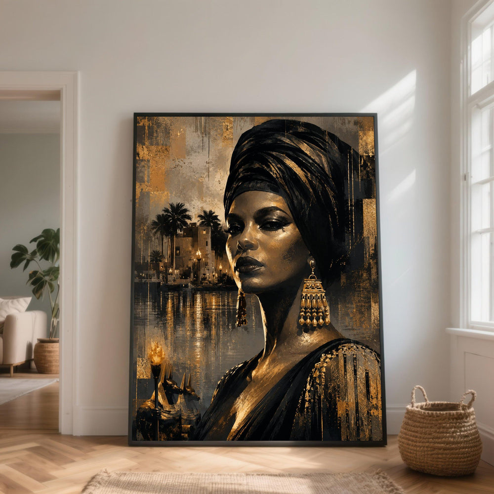 Regal Woman Portrait Canvas, Egyptian Theme Wall Art, African Culture Canvas, Golden Accent Home Decor, Elegant Face Art Print