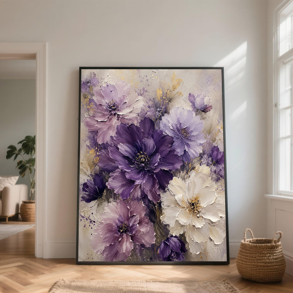 Elegant Purple Floral Canvas Wall Art, Large Blossom Bouquet Decoration, Lavender and Cream Flower Canvas, Modern Botanical Home Decor