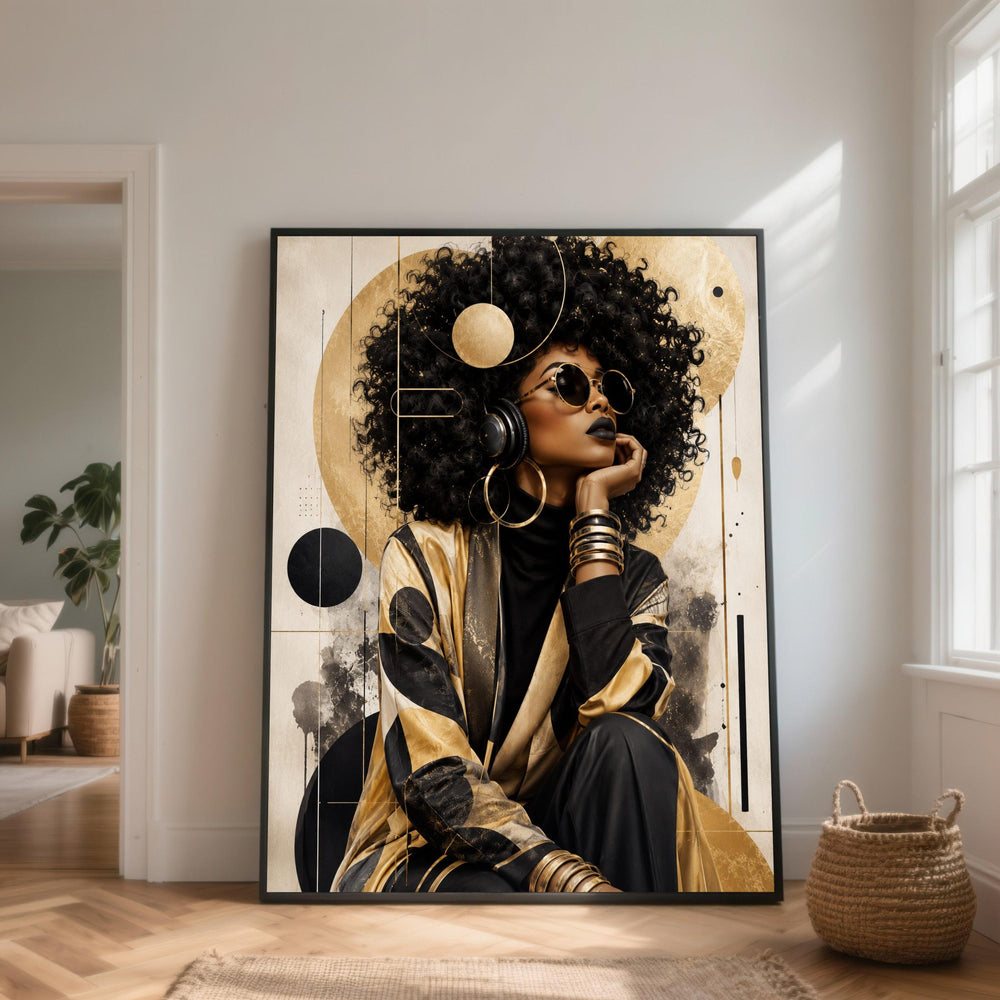 Afrocentric Fashion Portrait Canvas, Woman with Headphones Wall Art, Modern Black and Gold Decor, Chic Afro Hair Canvas, Stylish Home