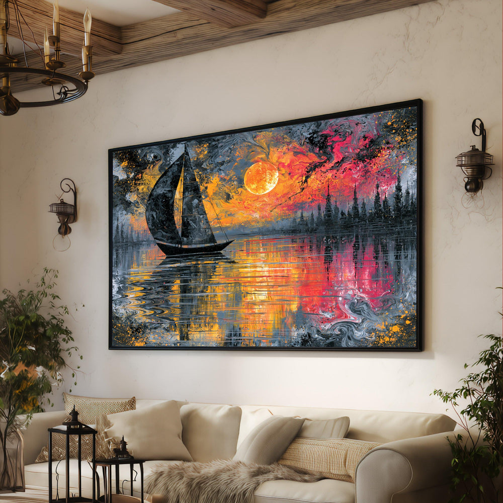 Sailing Sunset Canvas Wall Art, Abstract Ocean Scene, Vibrant Sky Reflection, Coastal Home Decor, Modern Canvas Painting