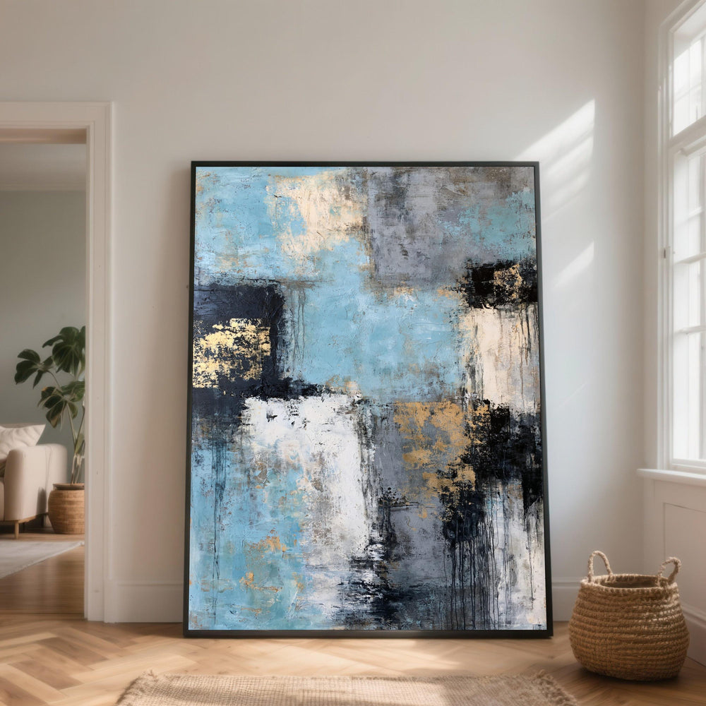 Modern Blue and Gold Abstract Canvas Wall Art, Geometric Home Decoration, Contemporary Large Canvas, Moody Color Palette Artwork