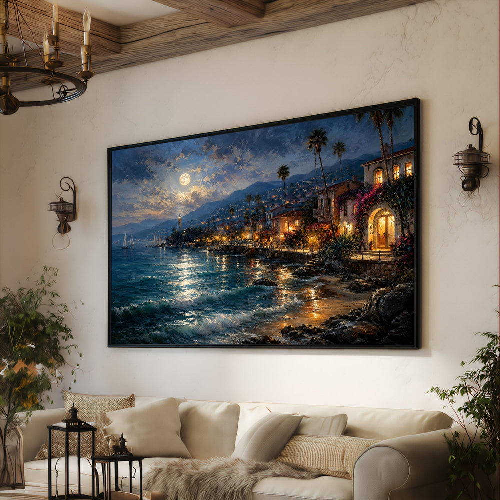 Moonlit Coastal Village, Lighthouse Canvas, Seaside Night View, Ocean Waves Canvas Wall Art, Mediterranean Landscape Decoration