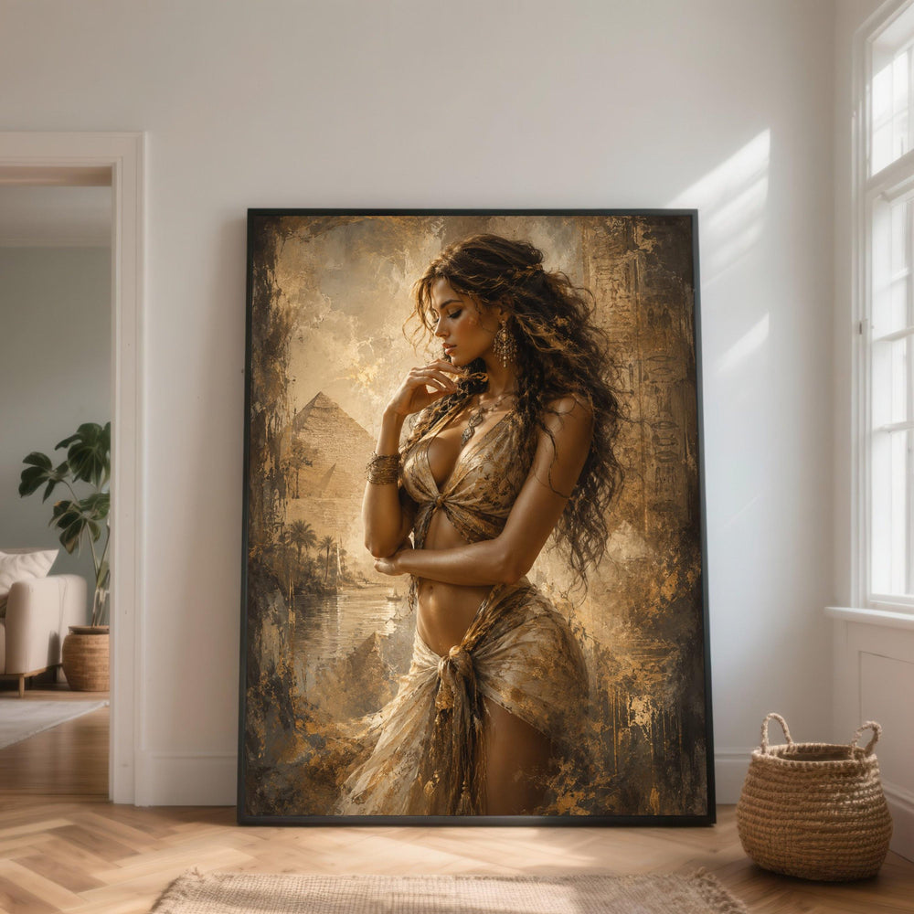 Elegant Desert Woman Canvas, Egyptian Pyramids Wall Art, Exotic Fashion Portrait, Boho Chic Home Decor, Warm Sepia Tone Canvas