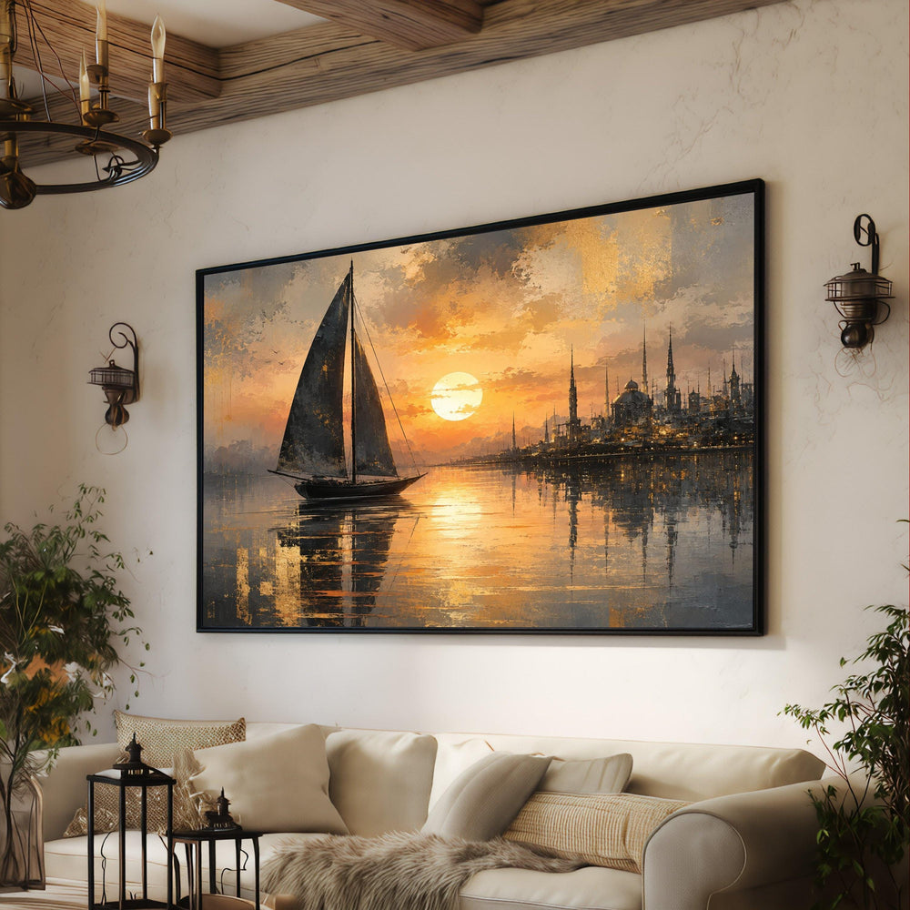 Sailing Sunset Canvas Wall Art, Serene Ocean Scene, Golden Sky Painting, Calm Reflection, Nautical Home Decor, Ready to Hang Canvas