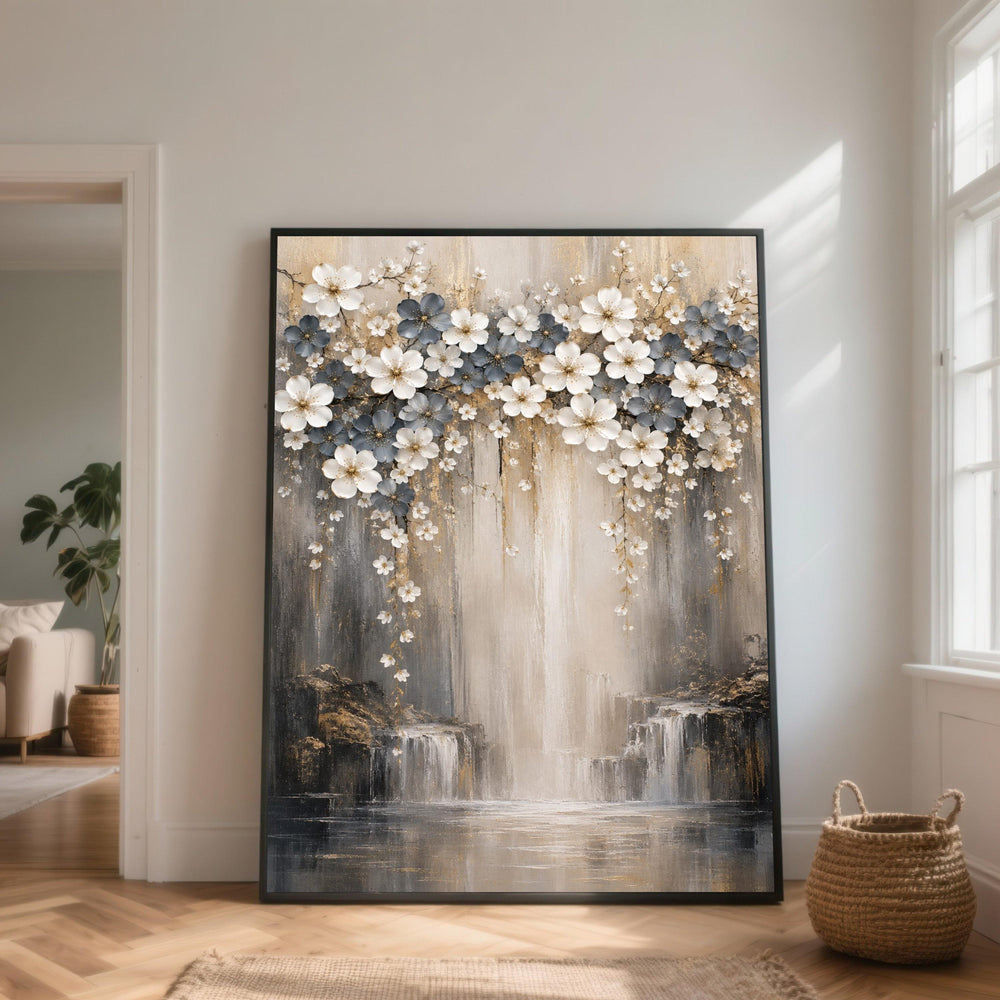 Elegant Blossom Branch Canvas Wall Art, Neutral Floral Design, Waterfall Landscape Canvas, Nature Home Decor, Ready to Hang Artwork
