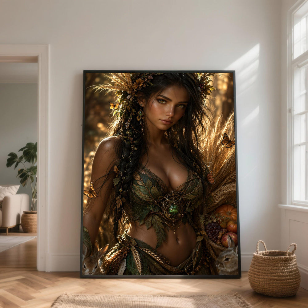 Enchanting Forest Woman Canvas, Nature Goddess Wall Art, Autumn Harvest Decoration, Wildlife and Butterflies Canvas, Rustic Home Artwork