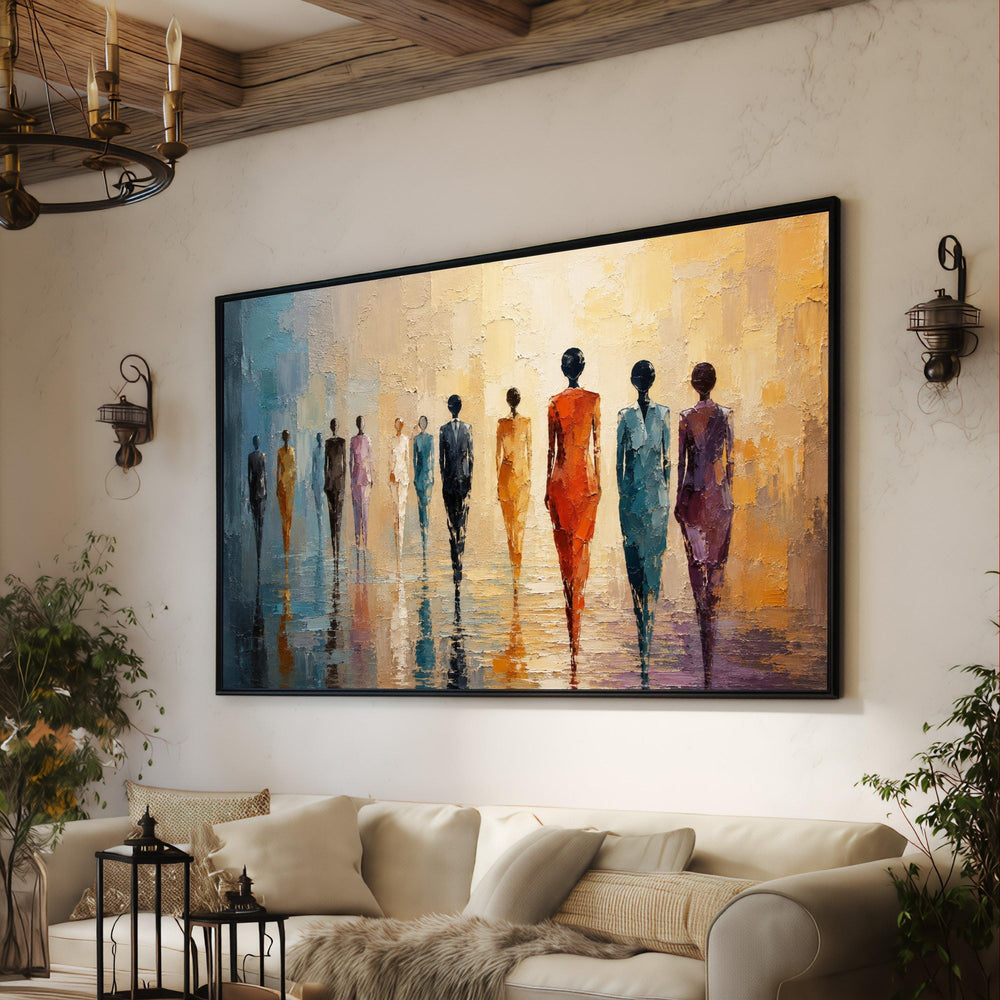 Abstract Figures Walking Canvas, Modern People Silhouettes Wall Art, Colorful Urban Scene Canvas, Contemporary Home Decoration