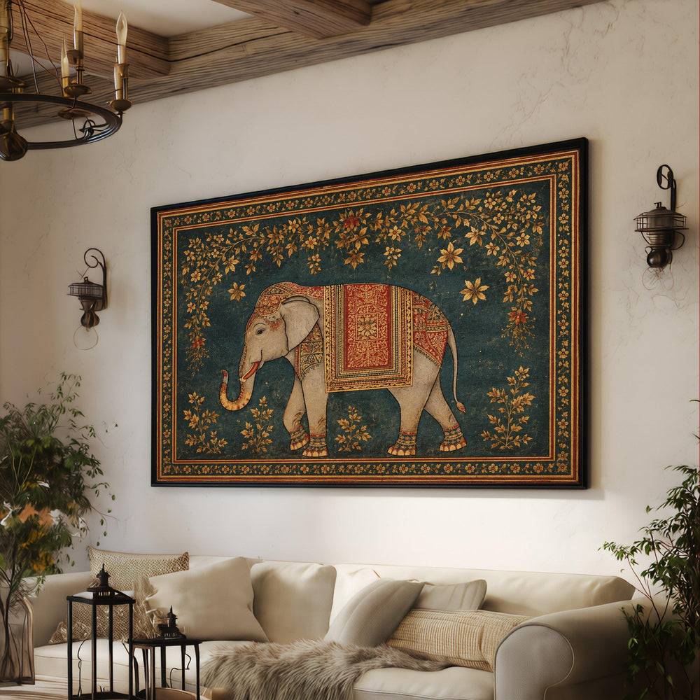 Ornate Elephant Canvas Wall Art, Vintage Indian Animal Print, Floral Gold Leaf Design, Exotic Wildlife Canvas, Bohemian Home Decor
