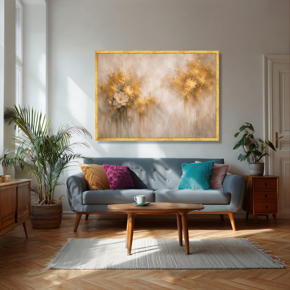 Elegant Gold Floral Canvas Wall Art, Abstract Flower Decoration, Modern Luxury Home Canvas, Golden Blossom Print, Ready to Hang