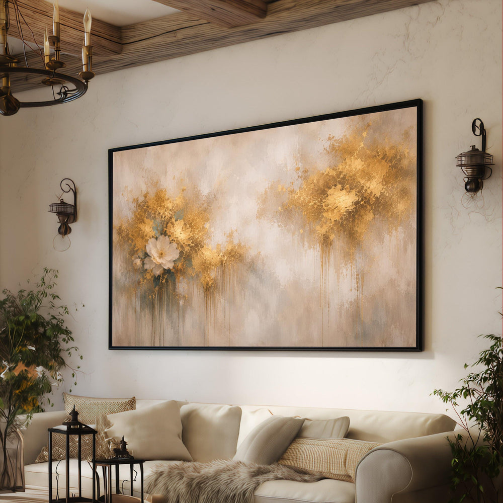 Elegant Gold Floral Canvas Wall Art, Abstract Flower Decoration, Modern Luxury Home Canvas, Golden Blossom Print, Ready to Hang