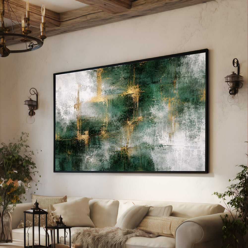 Contemporary Green and Gold Abstract Canvas Wall Art, Modern Geometric Design, Home Decor Accent, Elegant Living Room Decoration