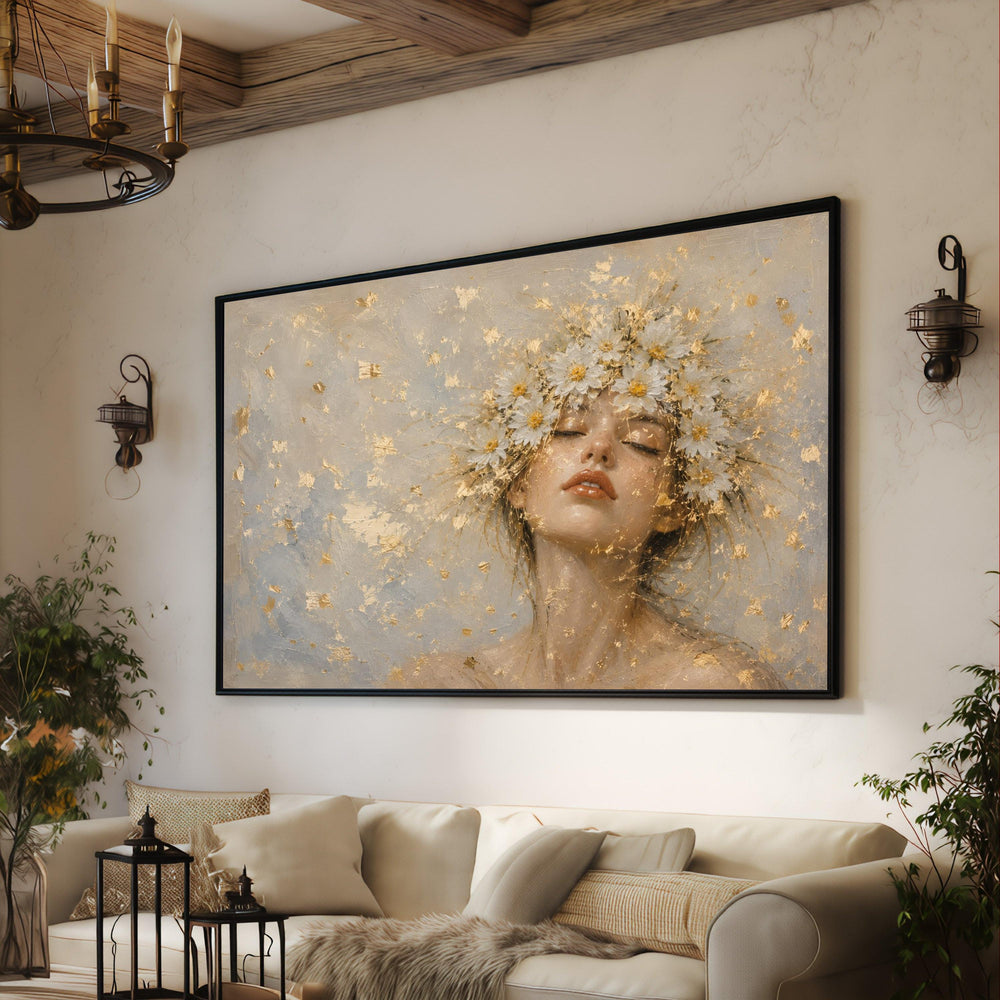 Ethereal Woman with Floral Crown Canvas, Elegant Portrait Wall Art, Feminine Home Decor, Modern Decorative Canvas, Soft Color Palette Design