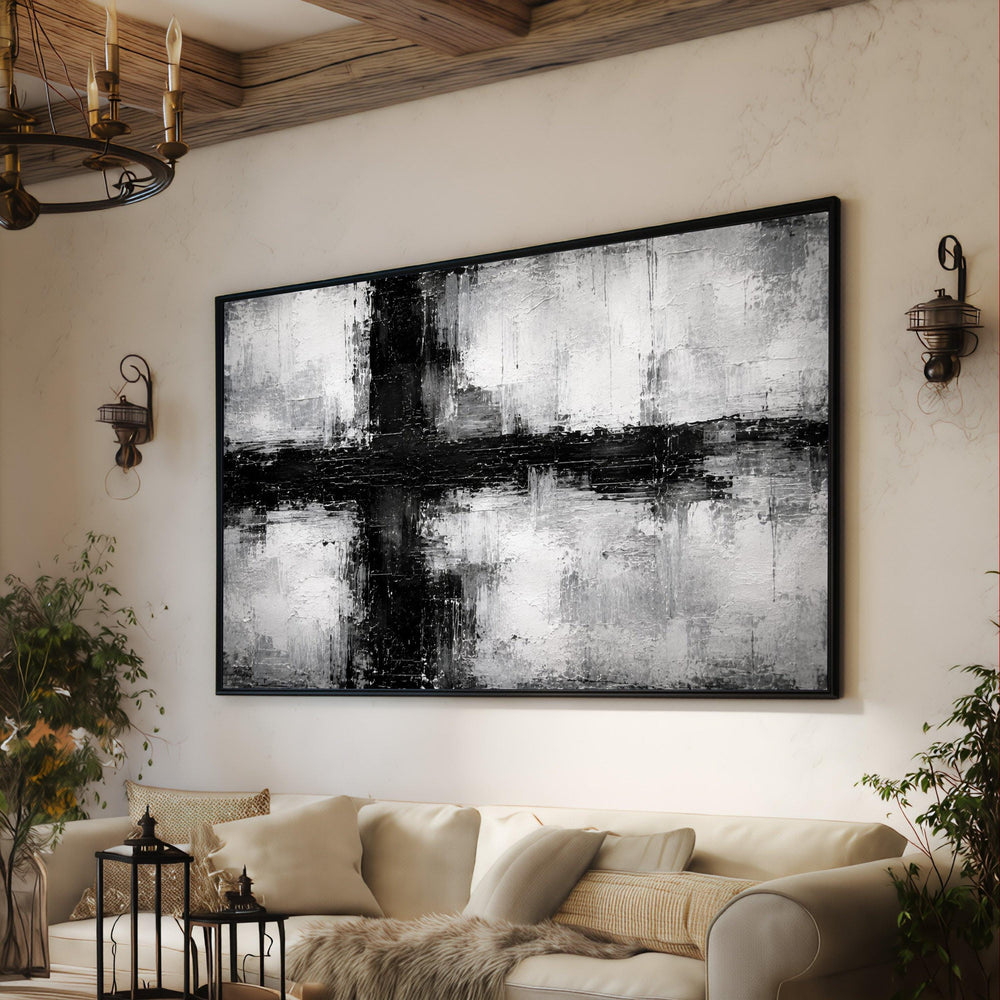Modern Black and White Abstract Canvas, Cross Design Wall Art, Monochrome Minimal Decor, Contemporary Canvas for Living Room