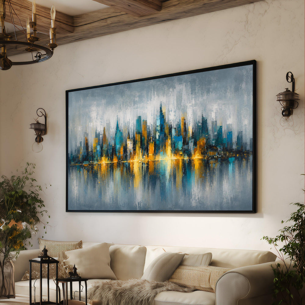 Modern City Skyline Canvas, Abstract Urban Wall Art, Blue and Gold Cityscape Painting, Reflective View Canvas, Contemporary Home Decoration