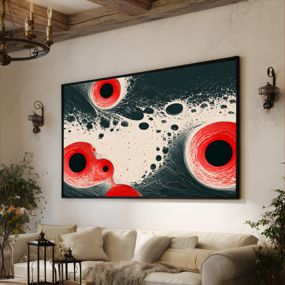 Bold Red Circles Abstract Canvas, Modern Black and White Wall Art, Contemporary Home Decoration, Dynamic Geometric Canvas Design